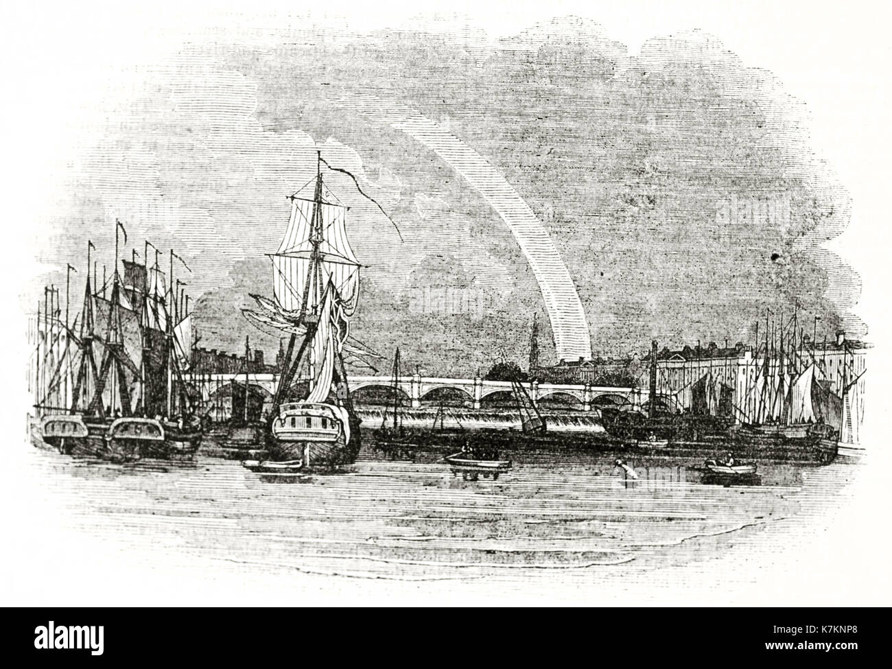 Vue ancienne de Broomielaw bridge, Glasgow. Par auteur non identifié, publ. sur le Penny Magazine, Londres, 1837 Banque D'Images