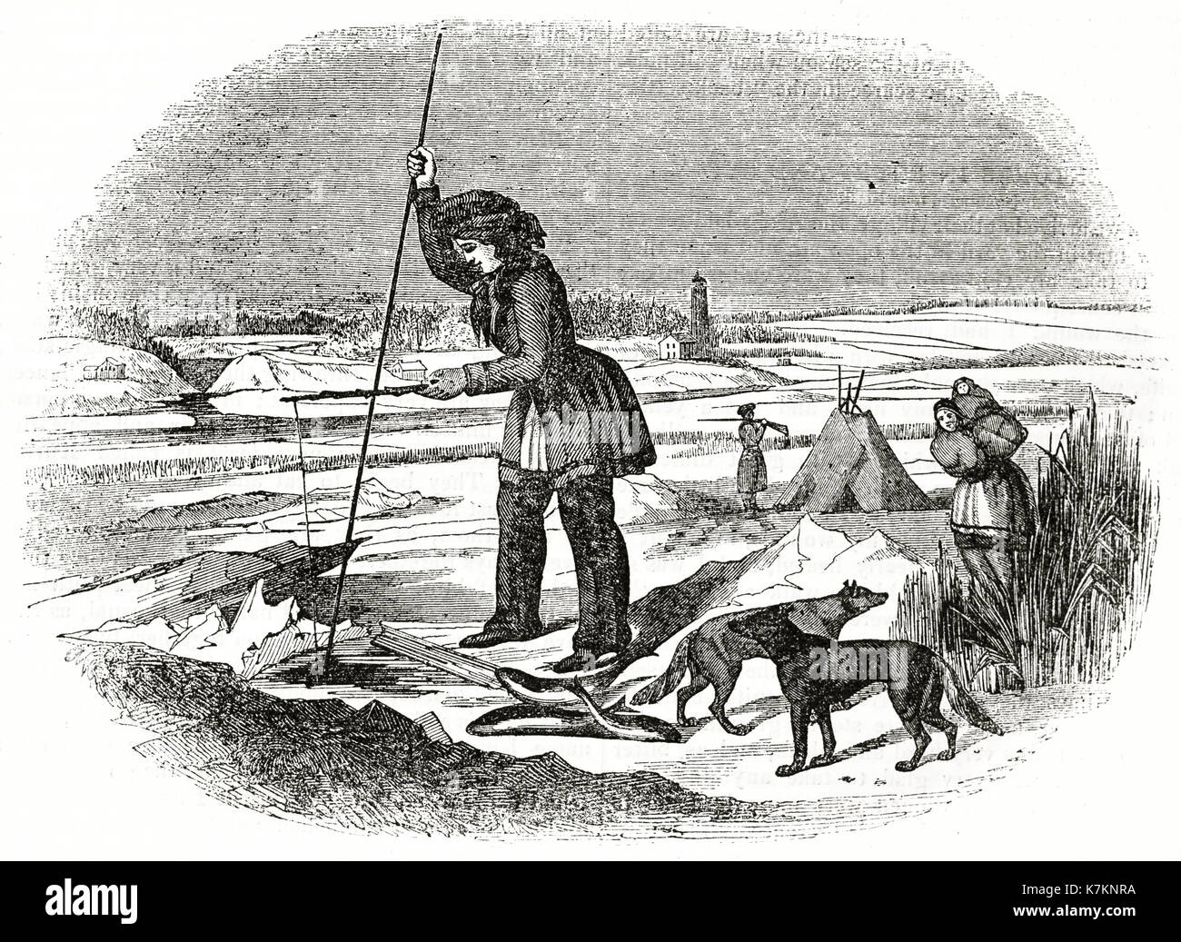Vue ancienne de Chippewa native american la pêche dans la glace. Par auteur non identifié, publ. sur le Penny Magazine, Londres, 1837 Banque D'Images