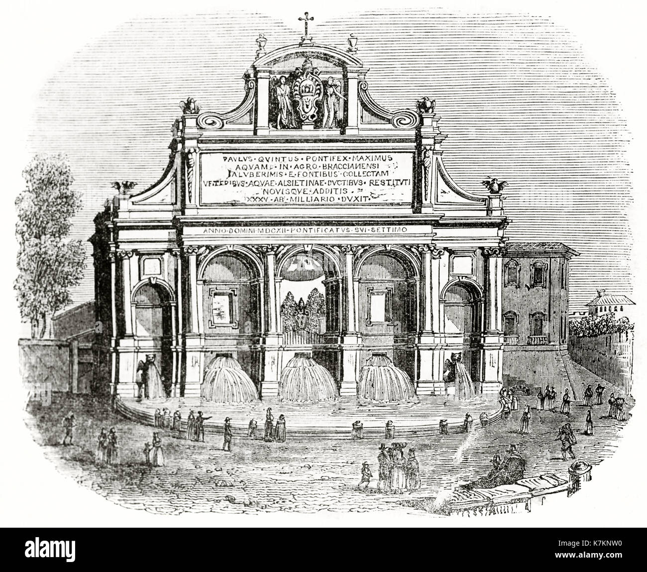 Vieille illustration de la Fontana dell'Acqua Paola, Rome. Par auteur non identifié, publ. sur le Penny Magazine, Londres, 1837 Banque D'Images