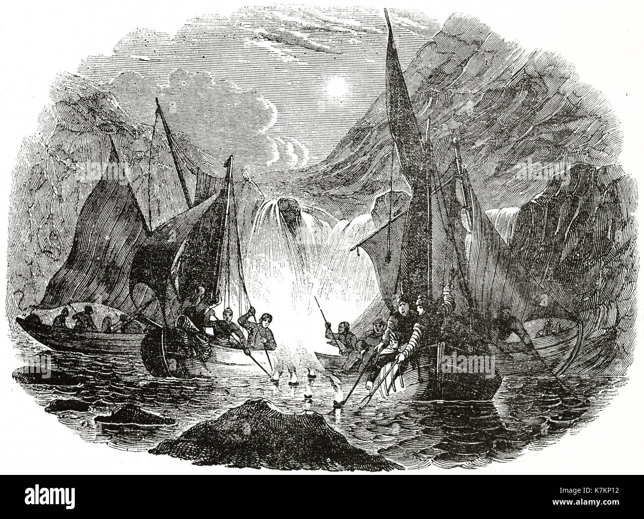 Vieille illustration de harponner le saumon. Par auteur non identifié, publ. sur le Penny Magazine, Londres, 1837 Banque D'Images