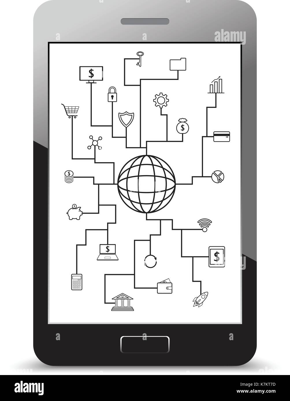 Fintech vecteur icônes ligne autour d'un globe sur la technologie financière, bancaire, et l'investissement avec fond blanc sur un écran de smartphone réaliste Illustration de Vecteur
