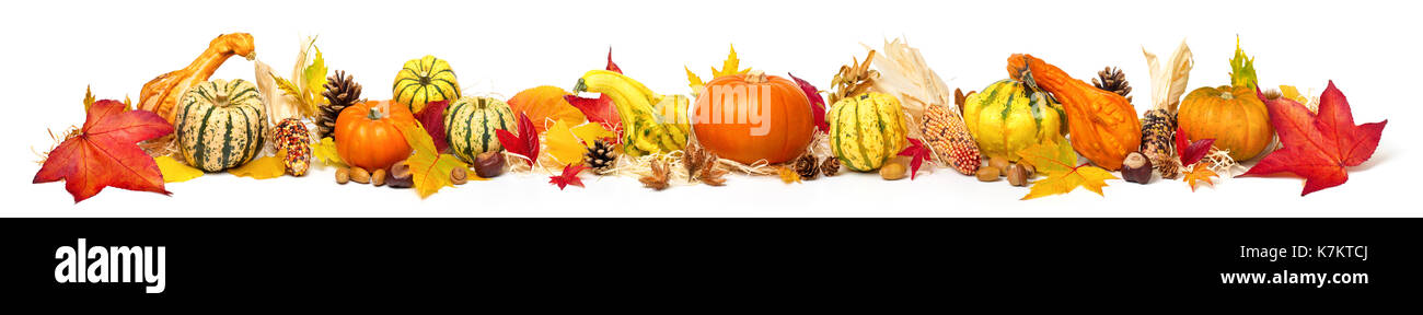 Décoration d'automne colorés avec des feuilles, les citrouilles et les plus isolées, et d'un grand format que banner ou border Banque D'Images