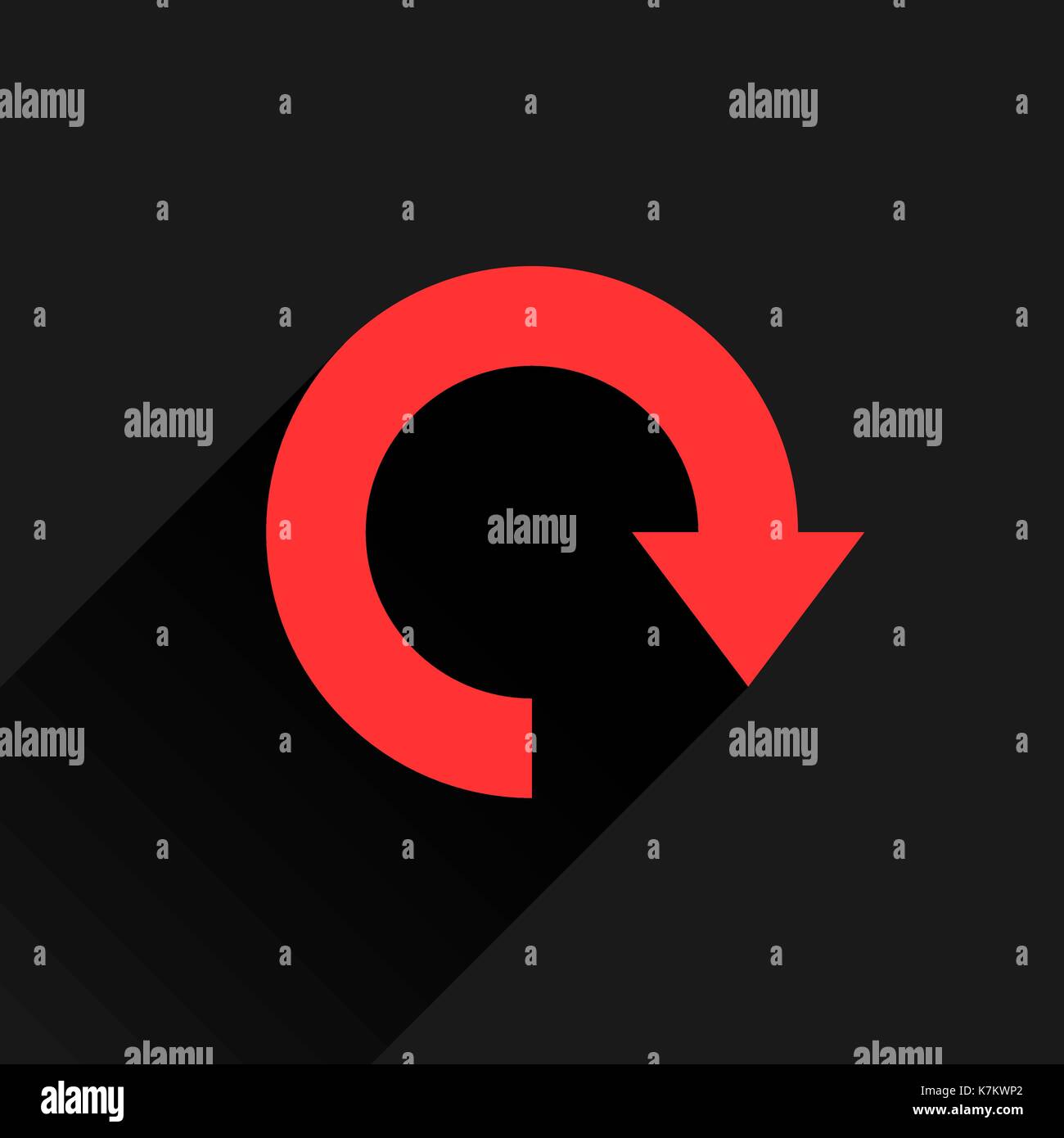 L'icône flèche rouge recharger, actualiser, rotation, reset, répétez les signe. avec pictogramme web grande ombre sur fond noir. simple, solide, simple, style plat. ve Illustration de Vecteur