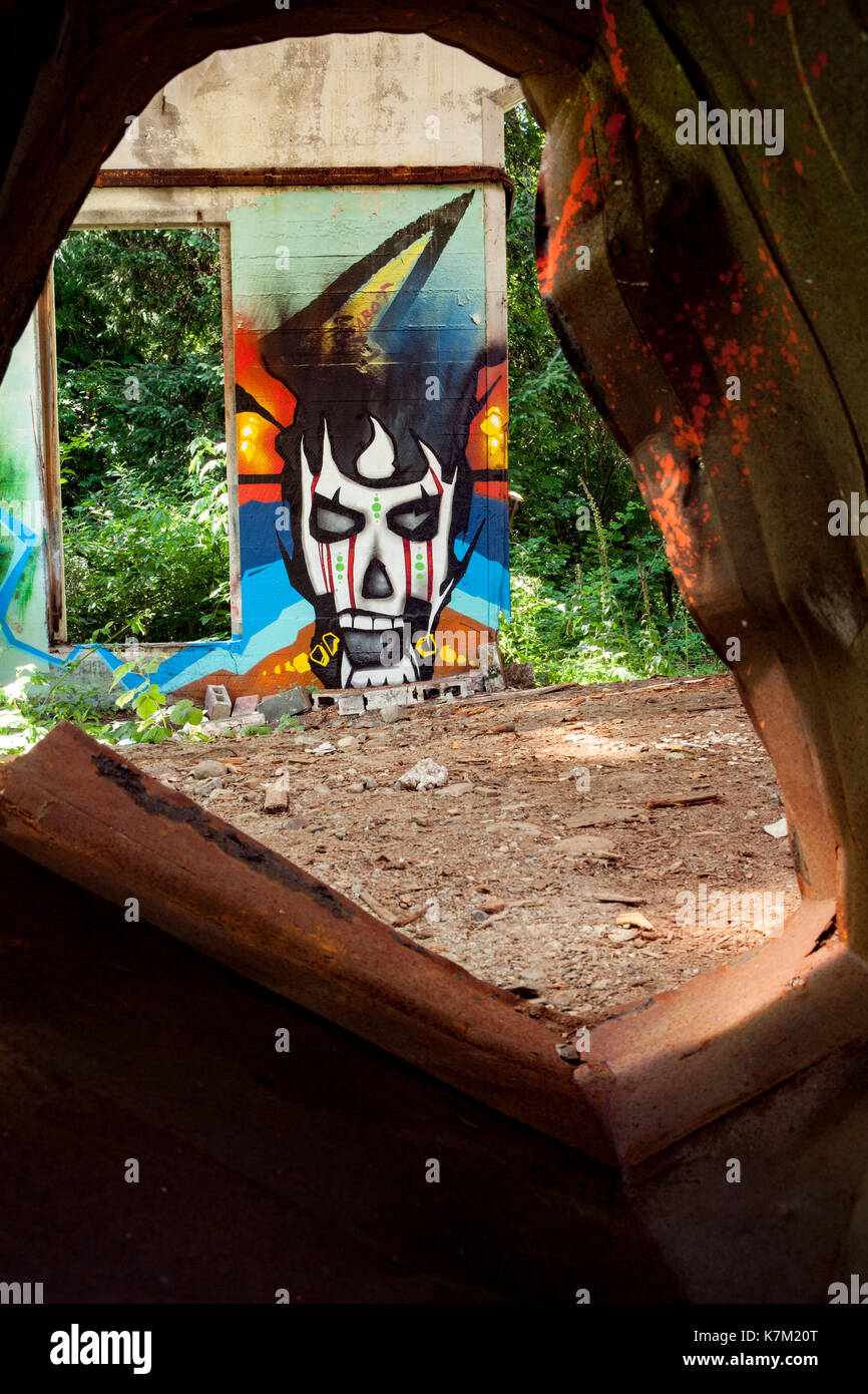 Graffitis colorés à l'abandonné, près de la rivière Jordan, l'île de Vancouver, Colombie-Britannique, Canada Banque D'Images