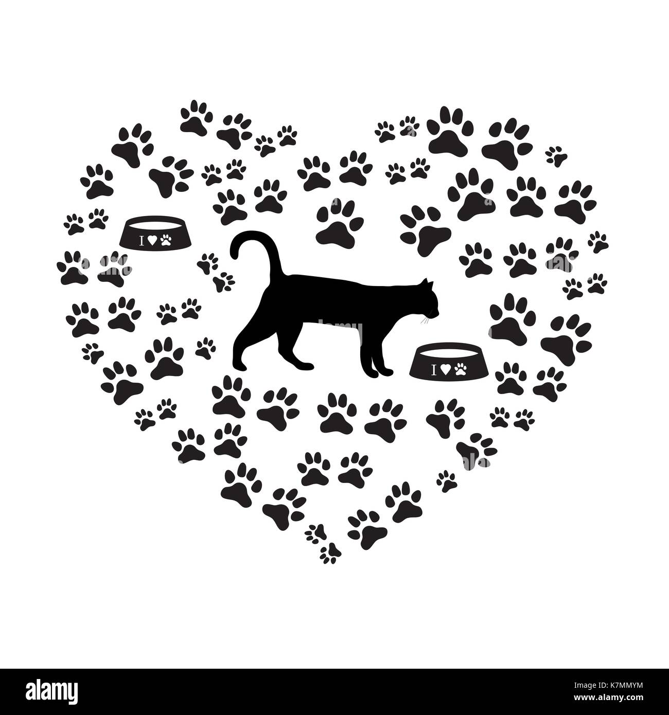 Silhouette de chat marche à l'intérieur du cœur à partir des pistes et bols. soins de santé, de l'EFP, la nutrition, l'exposition. design pour bannière, affiche ou imprimer. Illustration de Vecteur