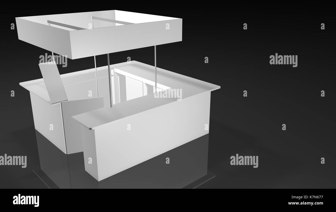 Stand de l'exposition blanc de forme carrée avec porte ouverte sur fond noir. Le Rendu 3D Banque D'Images