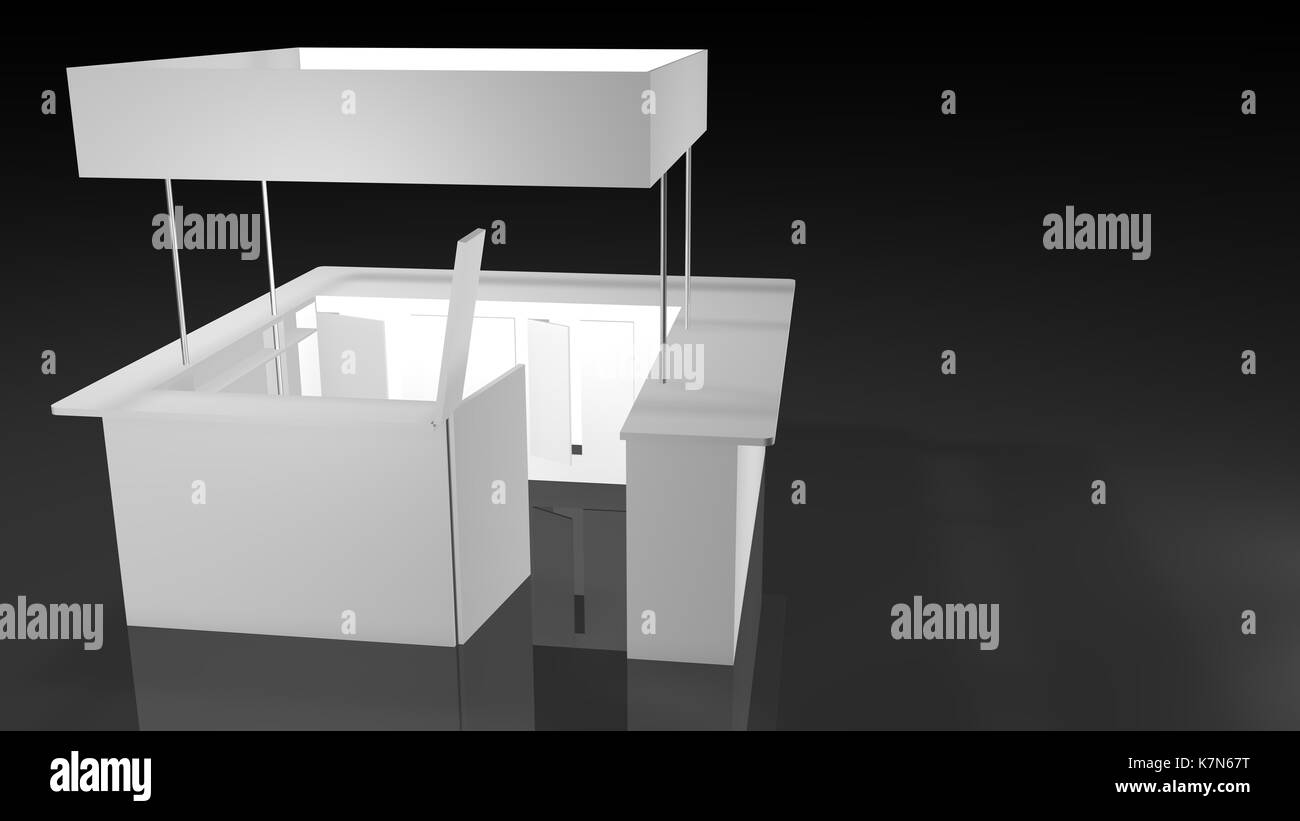 Stand de l'exposition blanc de forme carrée avec porte ouverte sur fond noir. Le Rendu 3D Banque D'Images