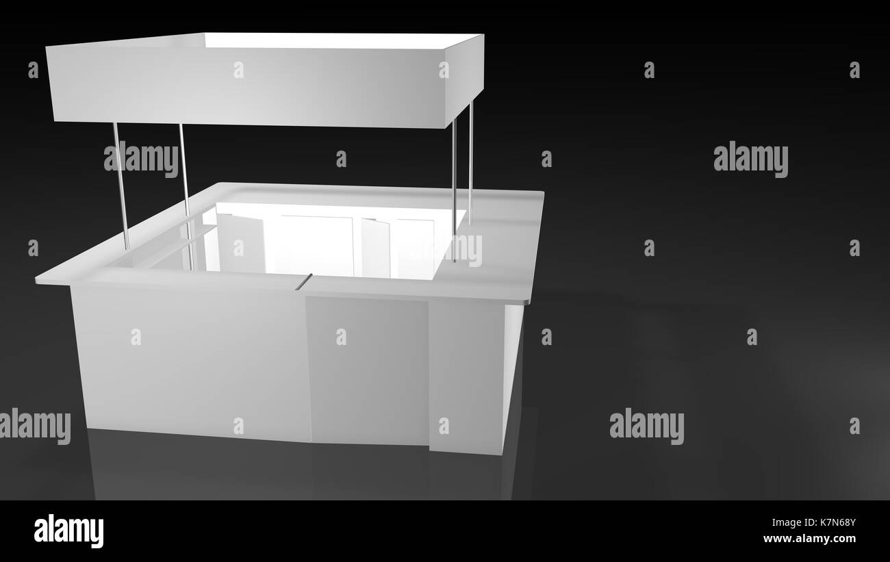 Stand de l'exposition blanc de forme carré design sur fond noir. Le Rendu 3D Banque D'Images