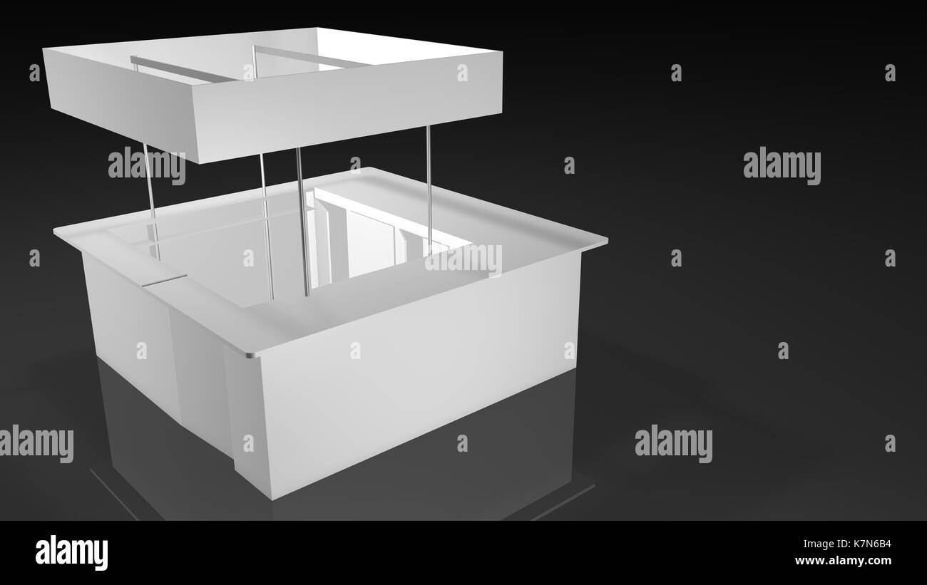 Stand de l'exposition blanc de forme carré design sur fond noir. Le Rendu 3D Banque D'Images