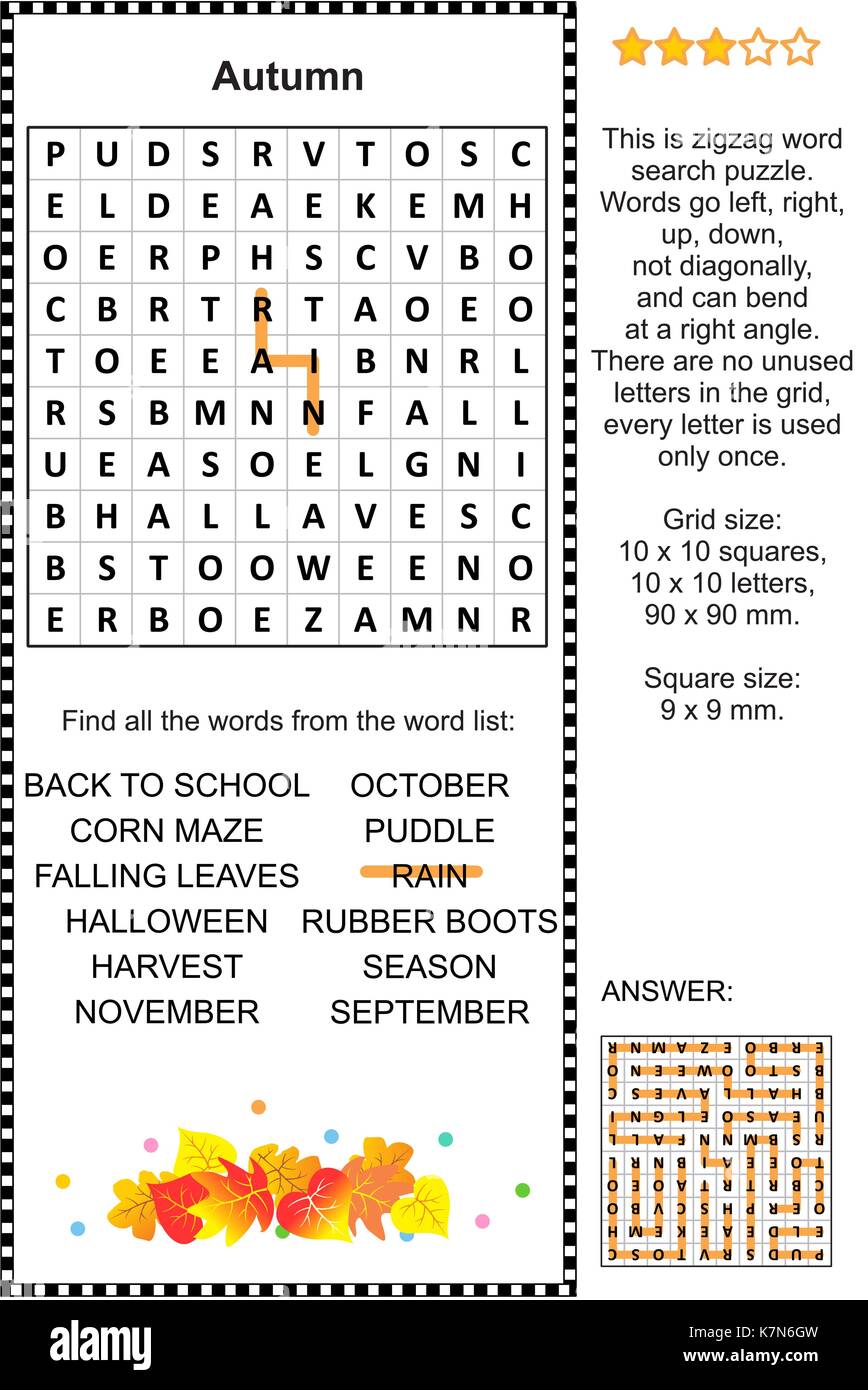 Le thème de l'automne puzzle de recherche de mot en zigzag (convient aussi bien pour les enfants et les adultes). La réponse inclus. Illustration de Vecteur