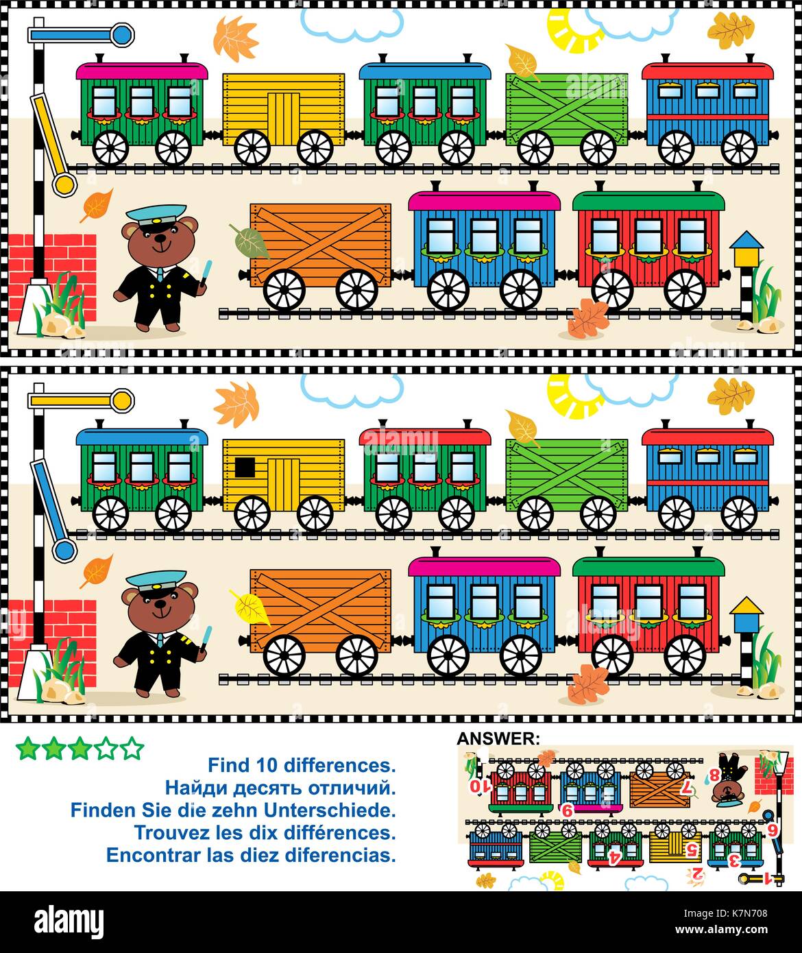 Petit train puzzle visuel : trouver les 10 différences entre les deux photos - Voitures de train, les chemins de fer, railroad panneaux, ours le railman Illustration de Vecteur