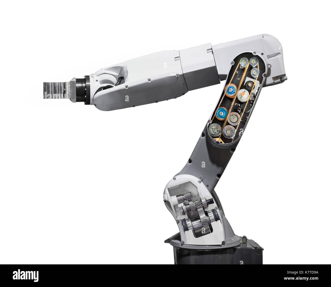 Bras robotique industrie isolé sur fond blanc avec l'écrêtage Banque D'Images