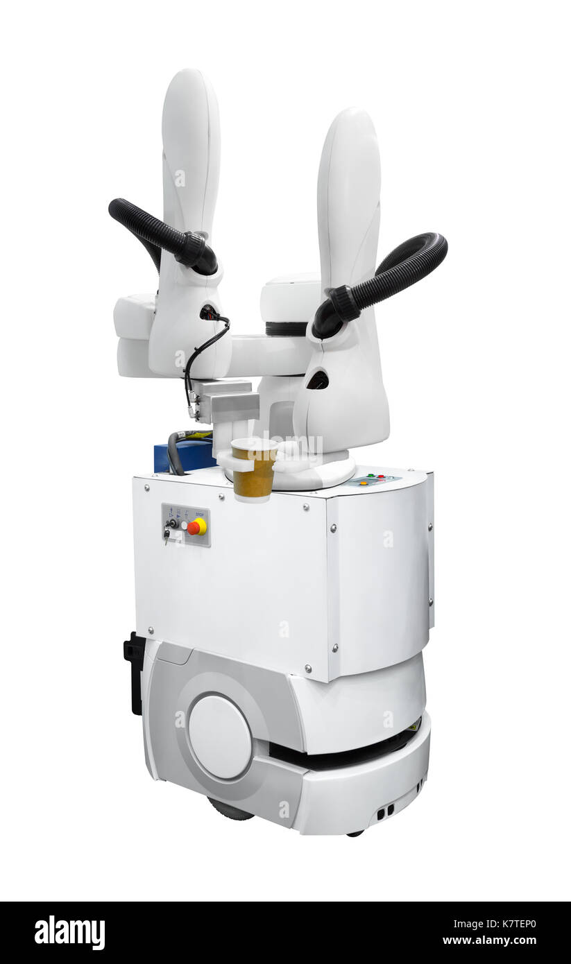 Robot mobile automatique proposant des boissons isolé sur fond blanc Banque D'Images