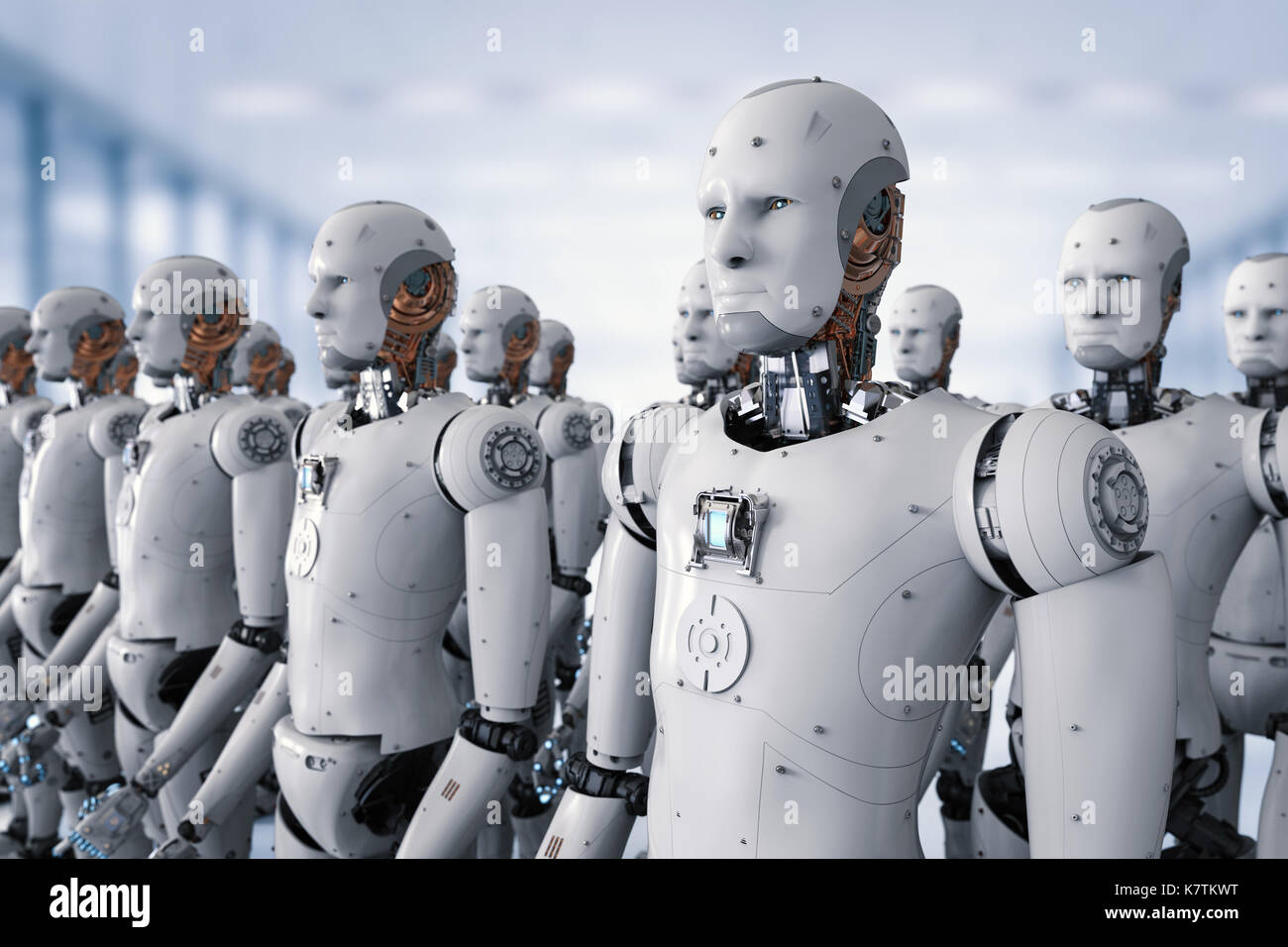 Le rendu 3D de l'armée de robot ou d'un groupe de cyborgs en usine Photo  Stock - Alamy