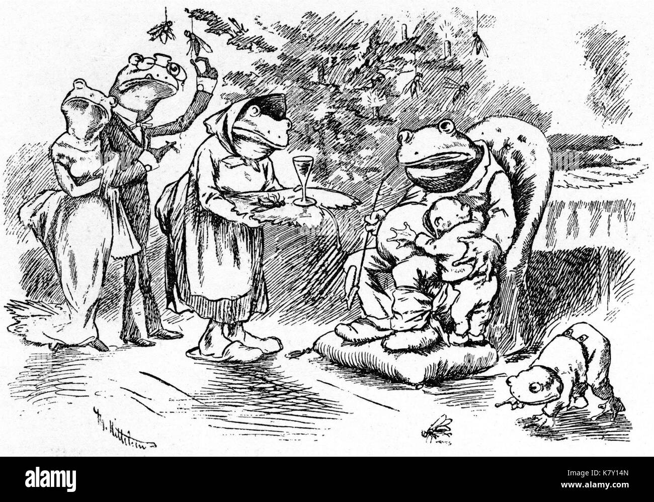 Velstaande paddefamilie Julegilde hos en fête de Noël d'une riche famille crapaud Banque D'Images