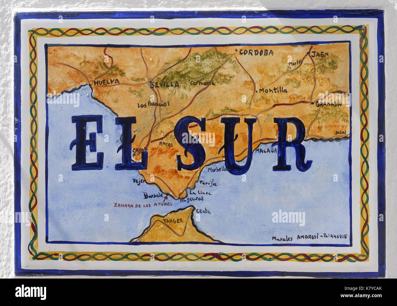 Tuile espagnol El Sur, sur mur avec la carte du sud de l'Espagne, Andalousie, Espagne Banque D'Images
