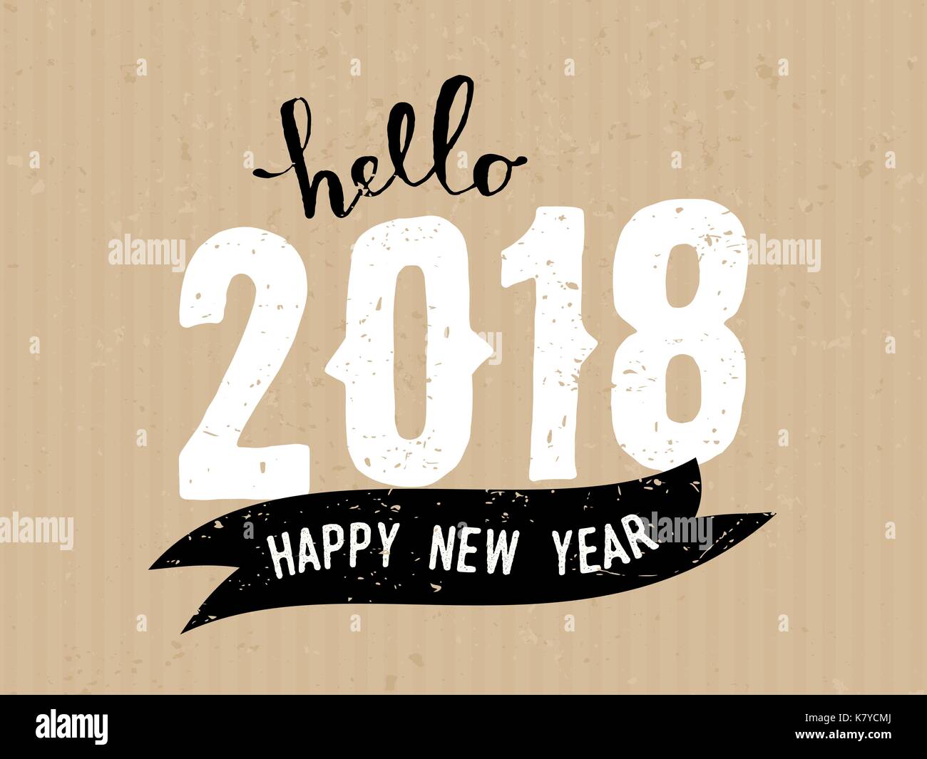 Bonjour 2018 - design typographique modèle de carte de vœux avec texte en blanc et noir sur fond de papier craft. Illustration de Vecteur