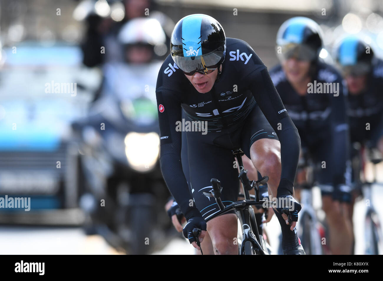 L'équipe Sky a dû se contenter d'une Médaille de bonze dans la montre par équipe événement au Championnat du Monde sur route dans la région de Bergen en Norvège le jour de l'ouverture de l'événement. Chris Froome tire fort que l'équipe était en tête dès le début de la course. Banque D'Images