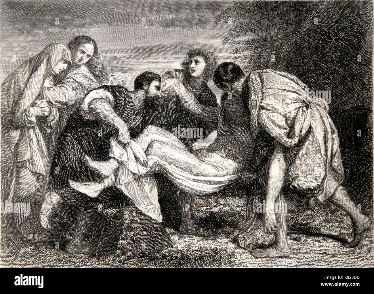 La mise au tombeau du Christ. gravure,1890. d'une peinture originale de Titien, autour de 1520. Banque D'Images