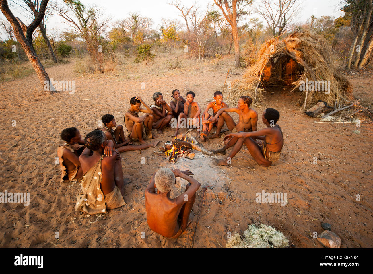 Ju/'hoansi bushmen San ou hunter groupent autour de feu de camp à leur village, Grashoek. Ils sont membres de plusieurs peuples peuples chasseurs-cueilleurs Banque D'Images