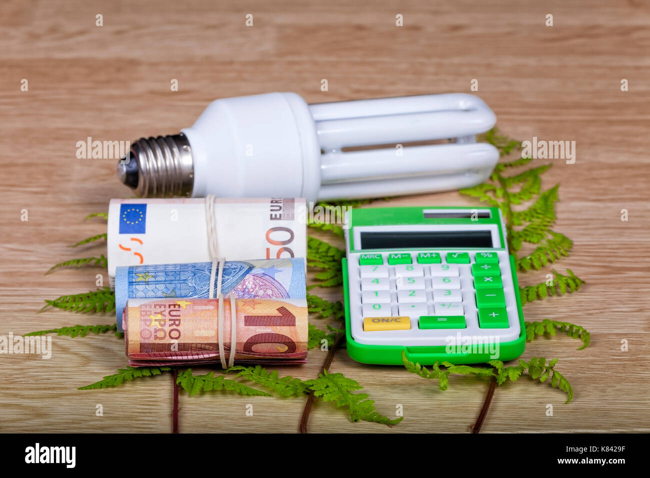 Basse consommation avec la calculatrice et de l'argent sur fond de bois. Banque D'Images