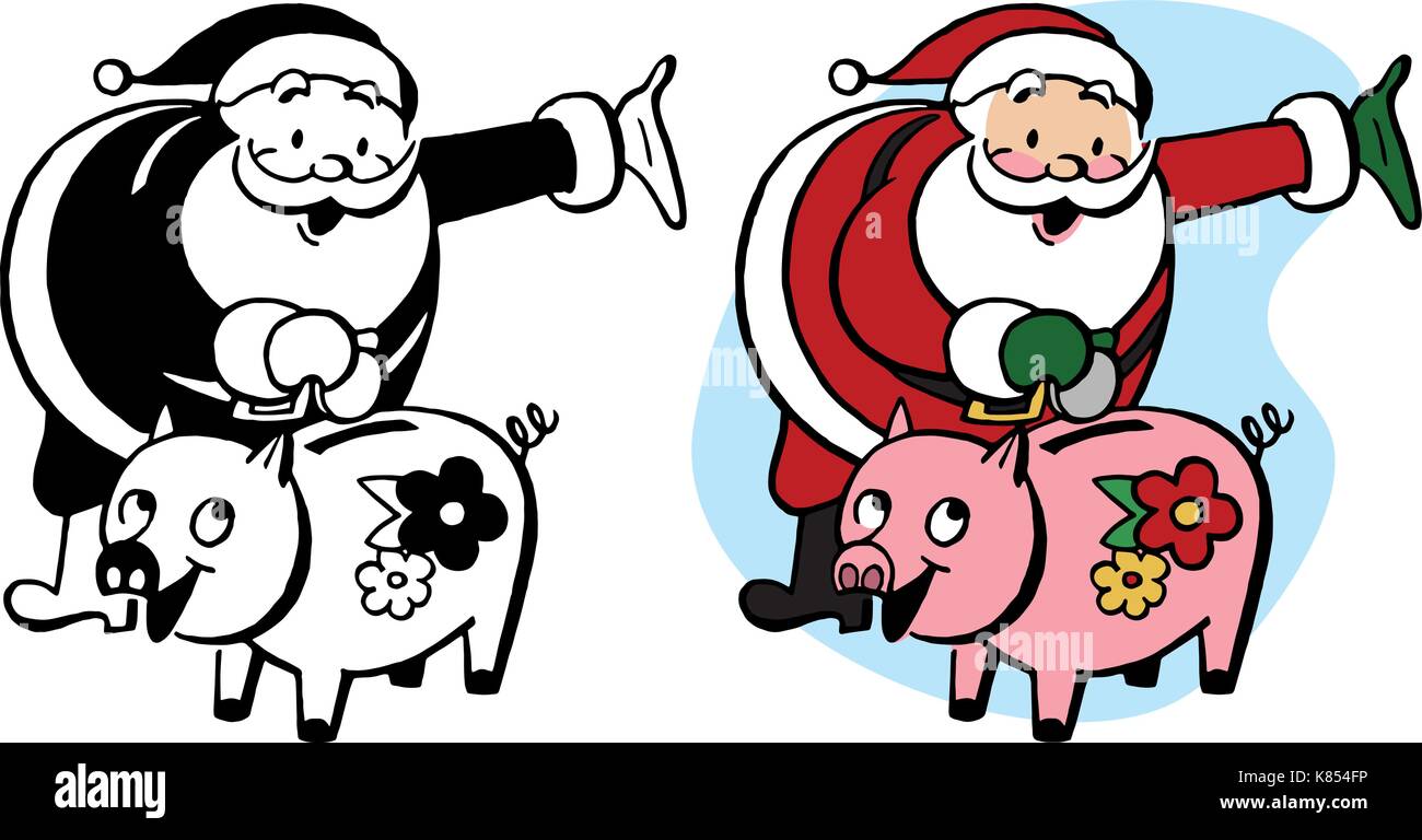Le Père Noël met l'argent dans une tirelire pour économiser en vue des cadeaux de Noël. Illustration de Vecteur