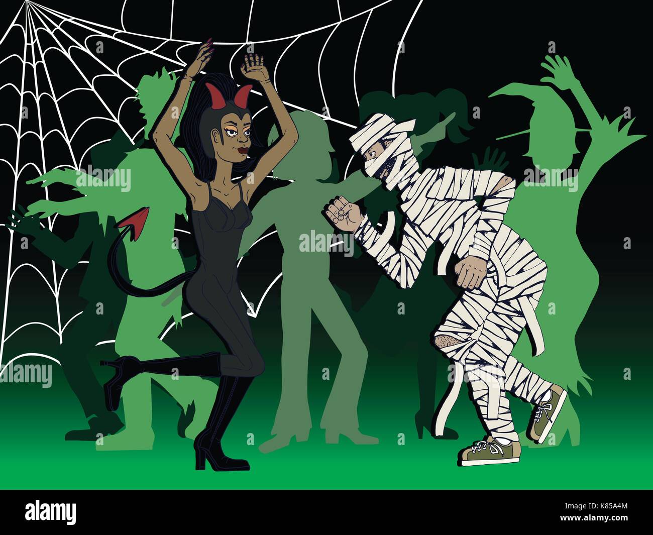Vector illustration d'une femme déguisée en diable et un homme déguisé en momie à danser à une fête d'halloween Illustration de Vecteur