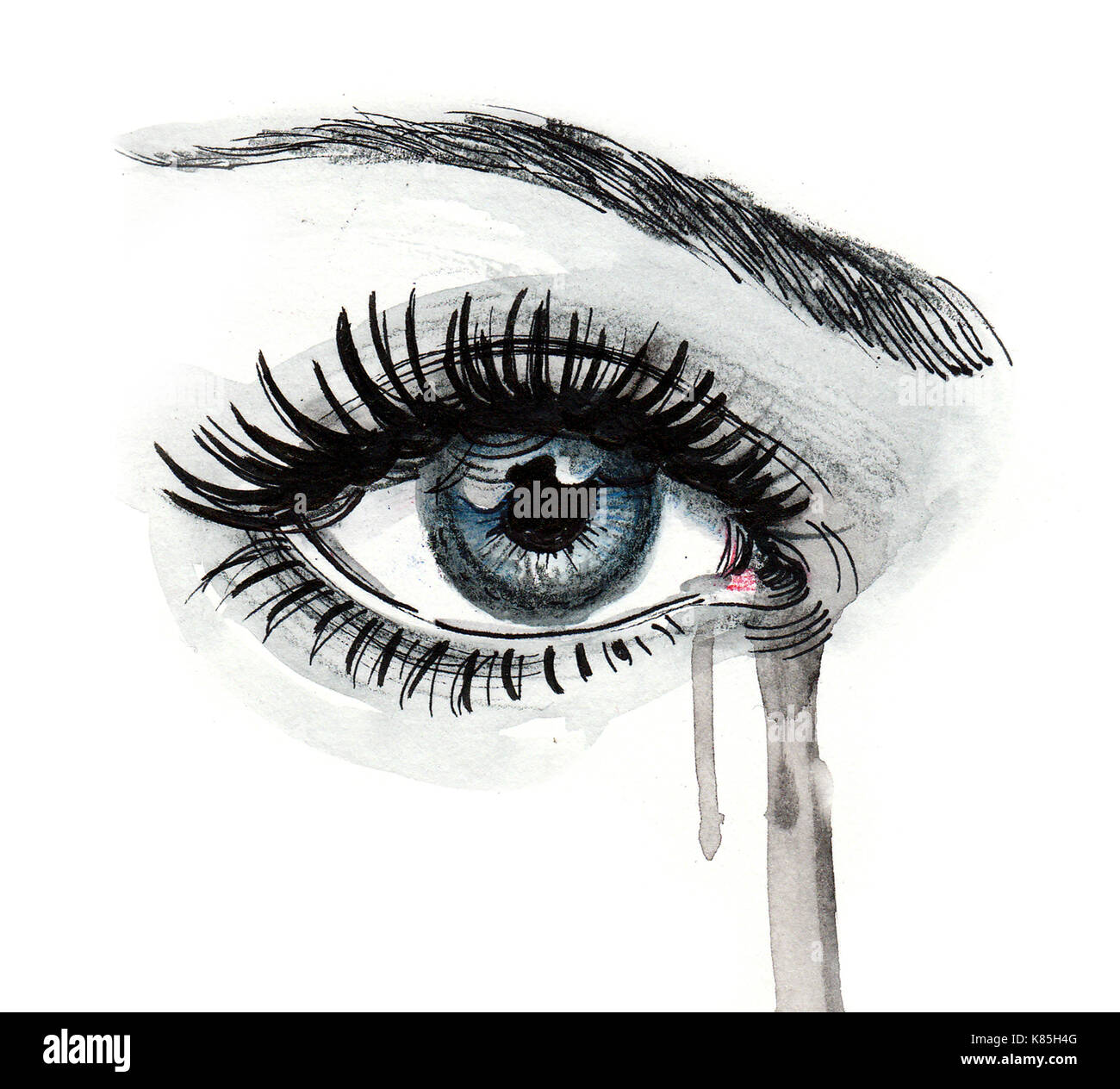 Beaux yeux pleurer. Encre et aquarelle dessin Banque D'Images