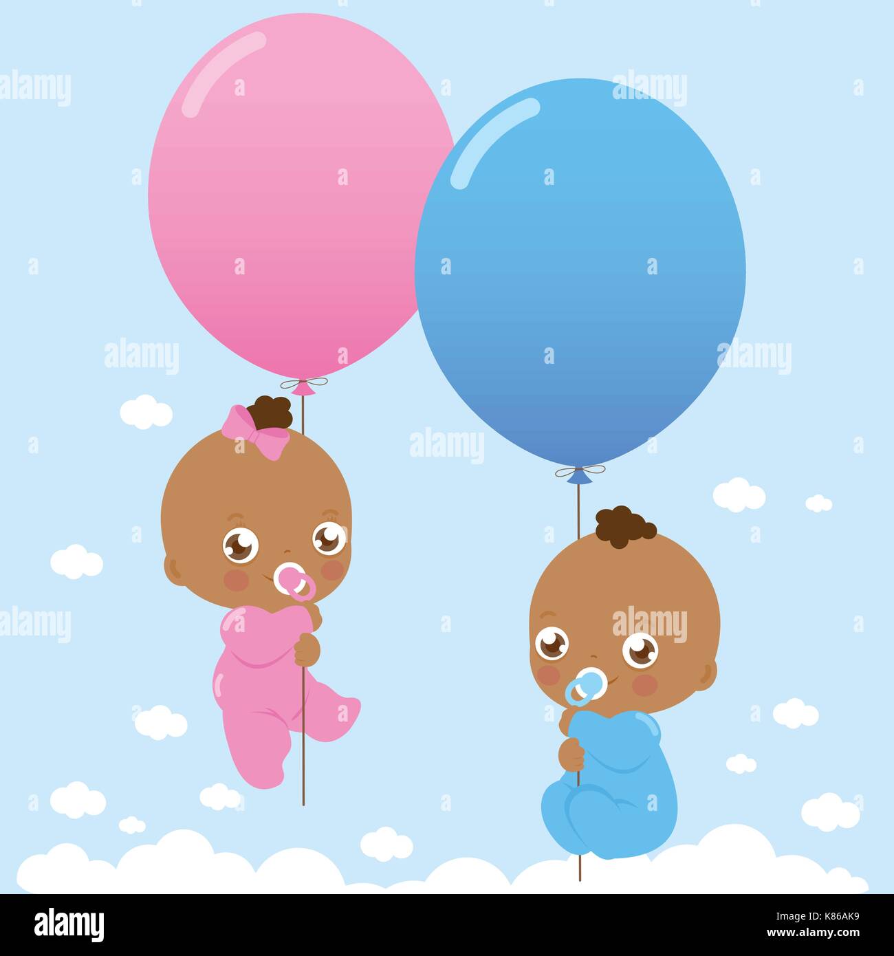 Bébés jumeaux afro-américains tenant des ballons dans le ciel. De mignons bébés nouveau-nés volant dans le ciel. Fête de douche de bébé avec des ballons. Illustration vectorielle Illustration de Vecteur