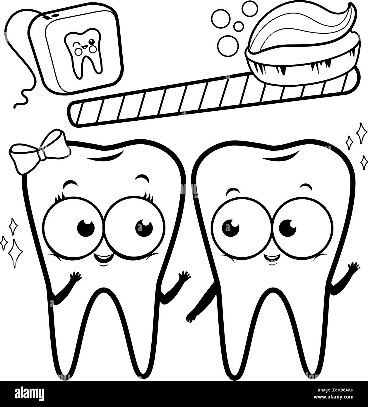 Dents de dessin animé avec brosse à dents et fil dentaire. Jeu de caractères d'hygiène dentaire. Page de coloriage noir et blanc vectoriel. Illustration de Vecteur