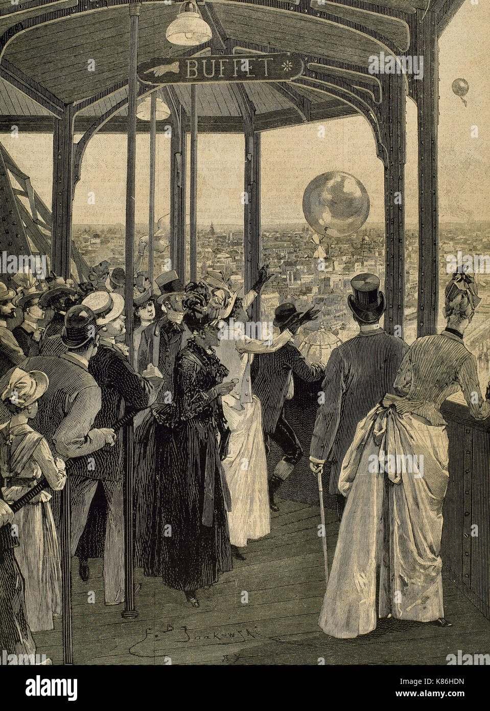 La France. Paris. Exposition universelle de 1889. Lancement de ballons postal à partir de la deuxième plate-forme de la Tour Eiffel. La gravure. Banque D'Images