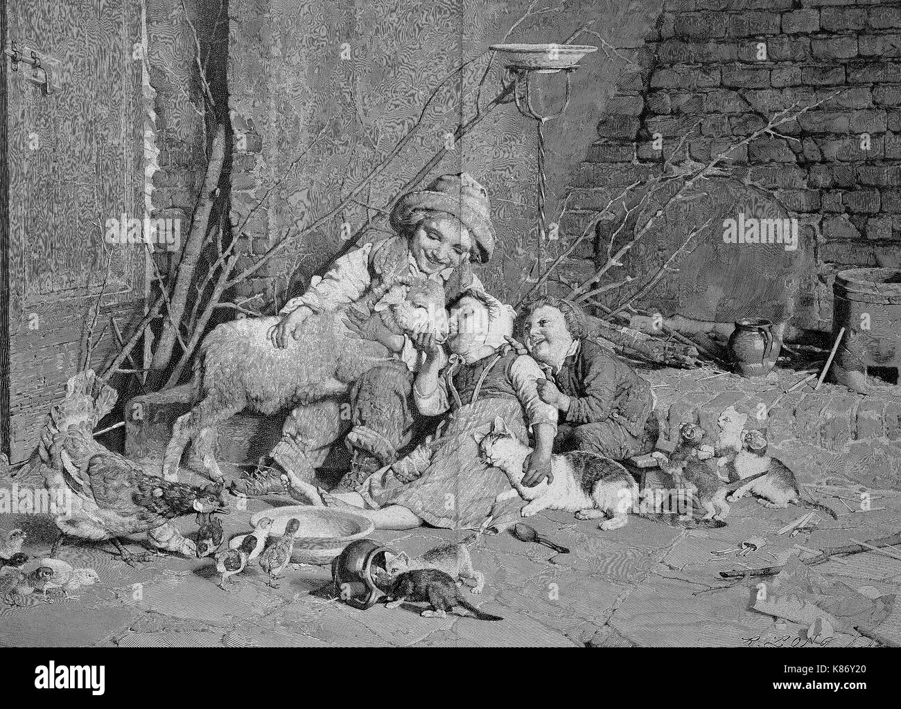 Gute Freunde, Kinder spielen auf der Straße mit Haustieren, Katze, Schaf, Küken numérique, l'amélioration de la reproduction d'un original du 19ème siècle woodprint Banque D'Images