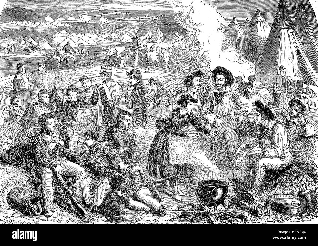 Guerre de Crimée 1853 - 1856, l'arrivée de la poste dans le camp anglais, amélioration numérique woodprint reproduction d'un original du 19ème siècle Banque D'Images