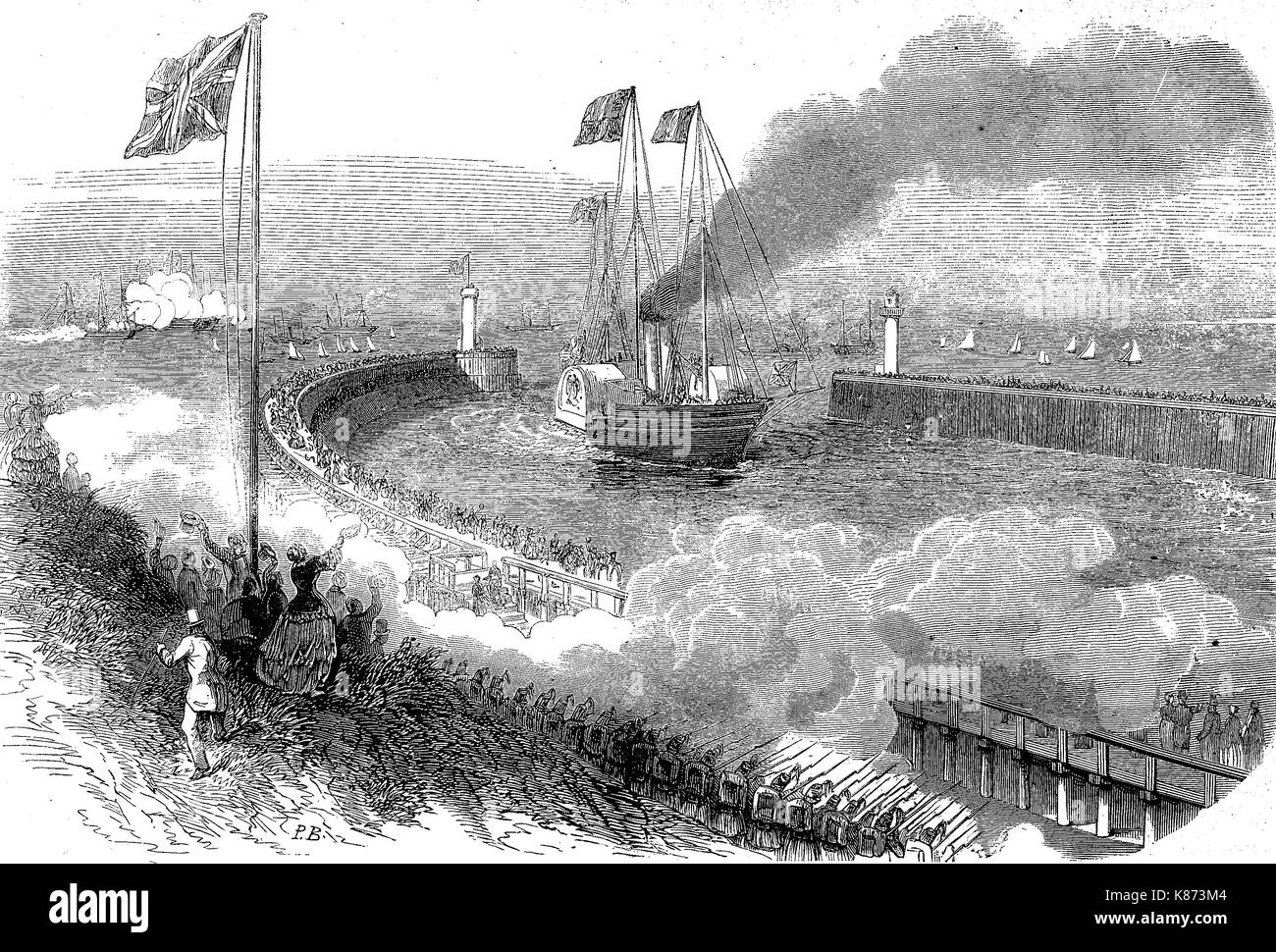 L'arrivée de la royal yacht dans le port de Boulogne 1855, France, la reine Victoria d'Angleterre, l'amélioration numérique woodprint reproduction d'un original du 19ème siècle Banque D'Images