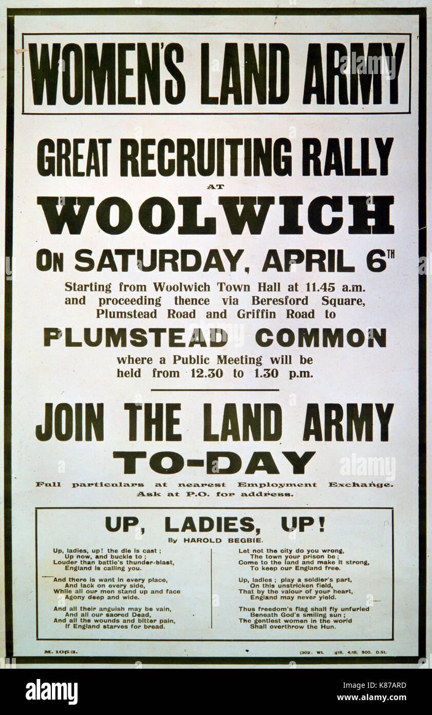 La PREMIÈRE GUERRE MONDIALE UN 'Women's Land Army - Grand rassemblement de recrutement à Woolwich' poster Banque D'Images