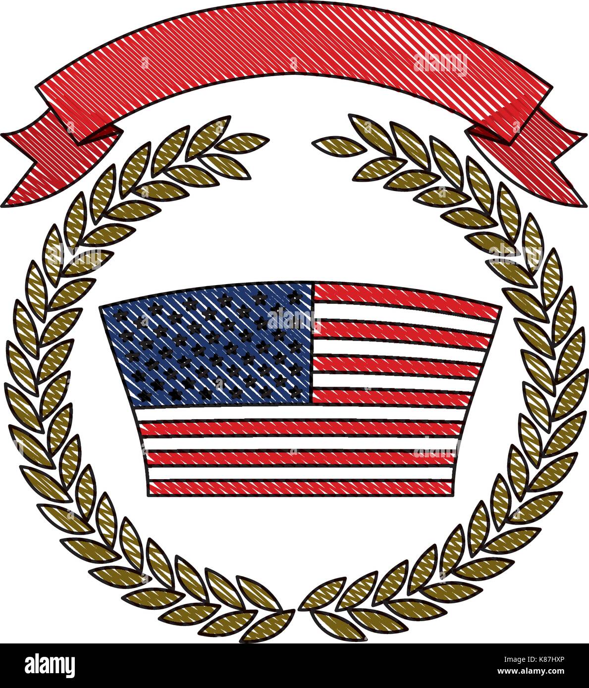 Drapeau des États-Unis à l'intérieur de la couronne de branches d'oliviers avec le ruban sur le dessus en silhouette crayon de couleur Illustration de Vecteur