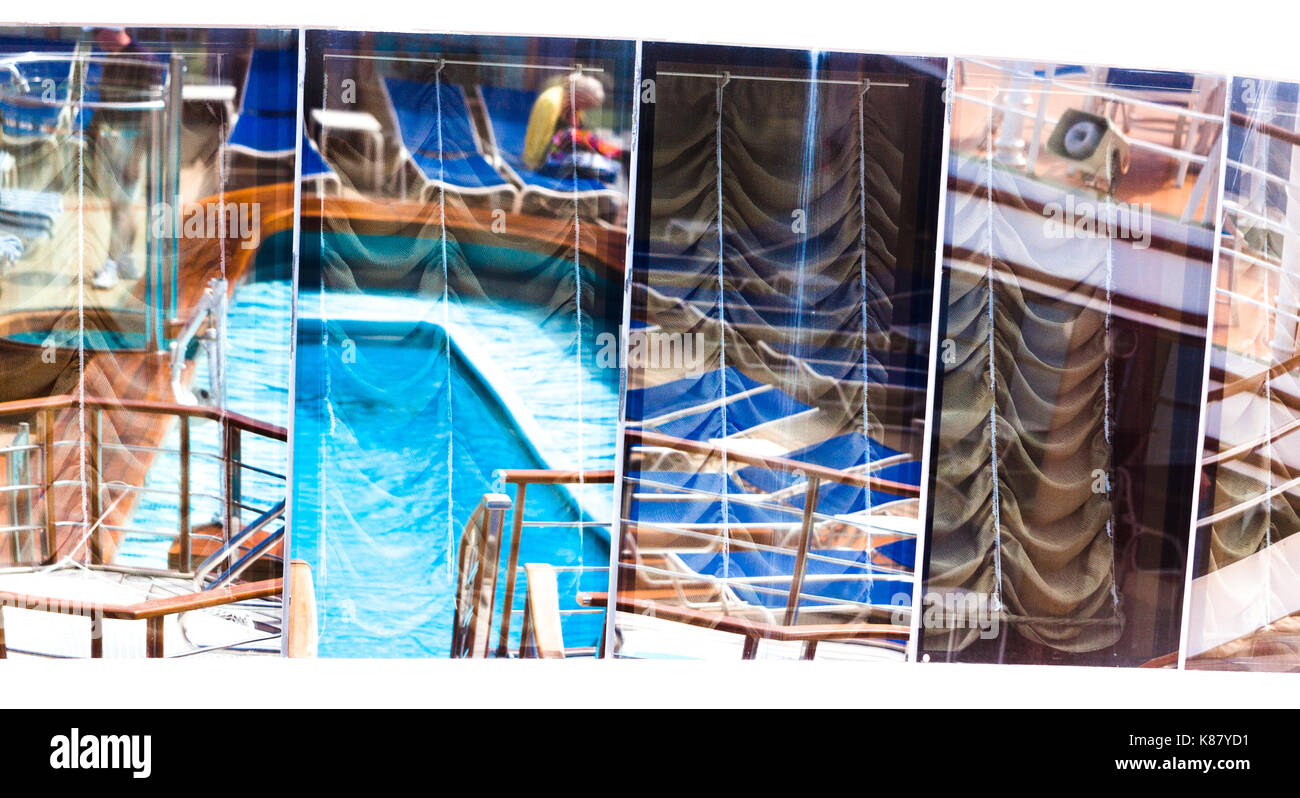 La fenêtre en verre réflexions sur un paquebot de croisière. Cunard Queen Victoria Banque D'Images