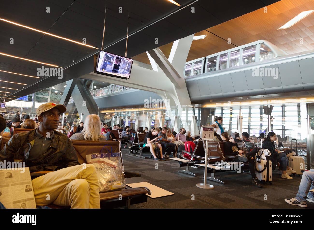 L'intérieur du terminal, l'aéroport international Hamad, Doha, Qatar, Moyen-Orient Banque D'Images