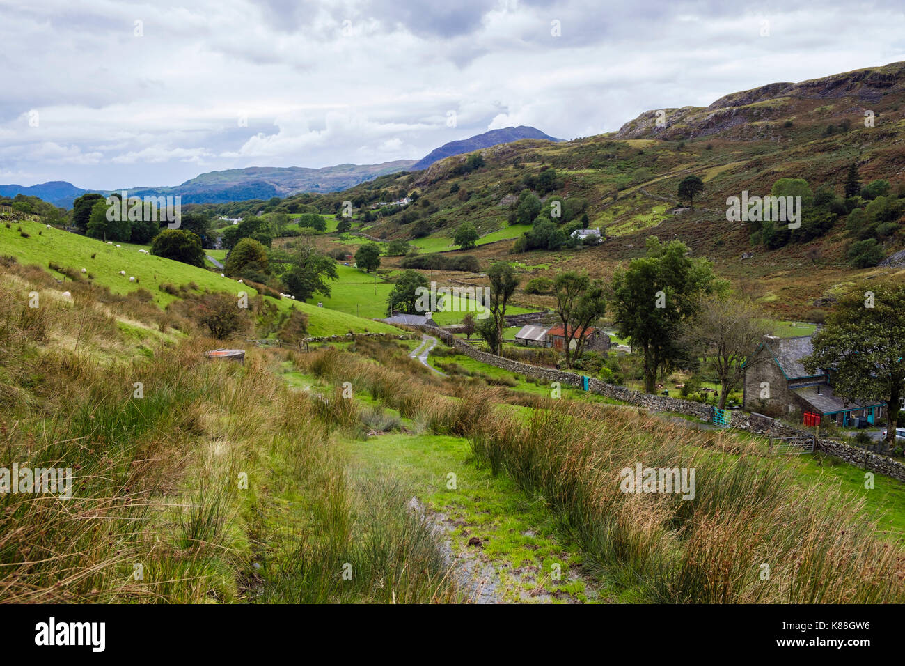 Vue de Hill Farm et la campagne de MCG Croesor vallée verte dans le parc national de Snowdonia. Croesor, Gwynedd, au nord du Pays de Galles, Royaume-Uni, Angleterre Banque D'Images