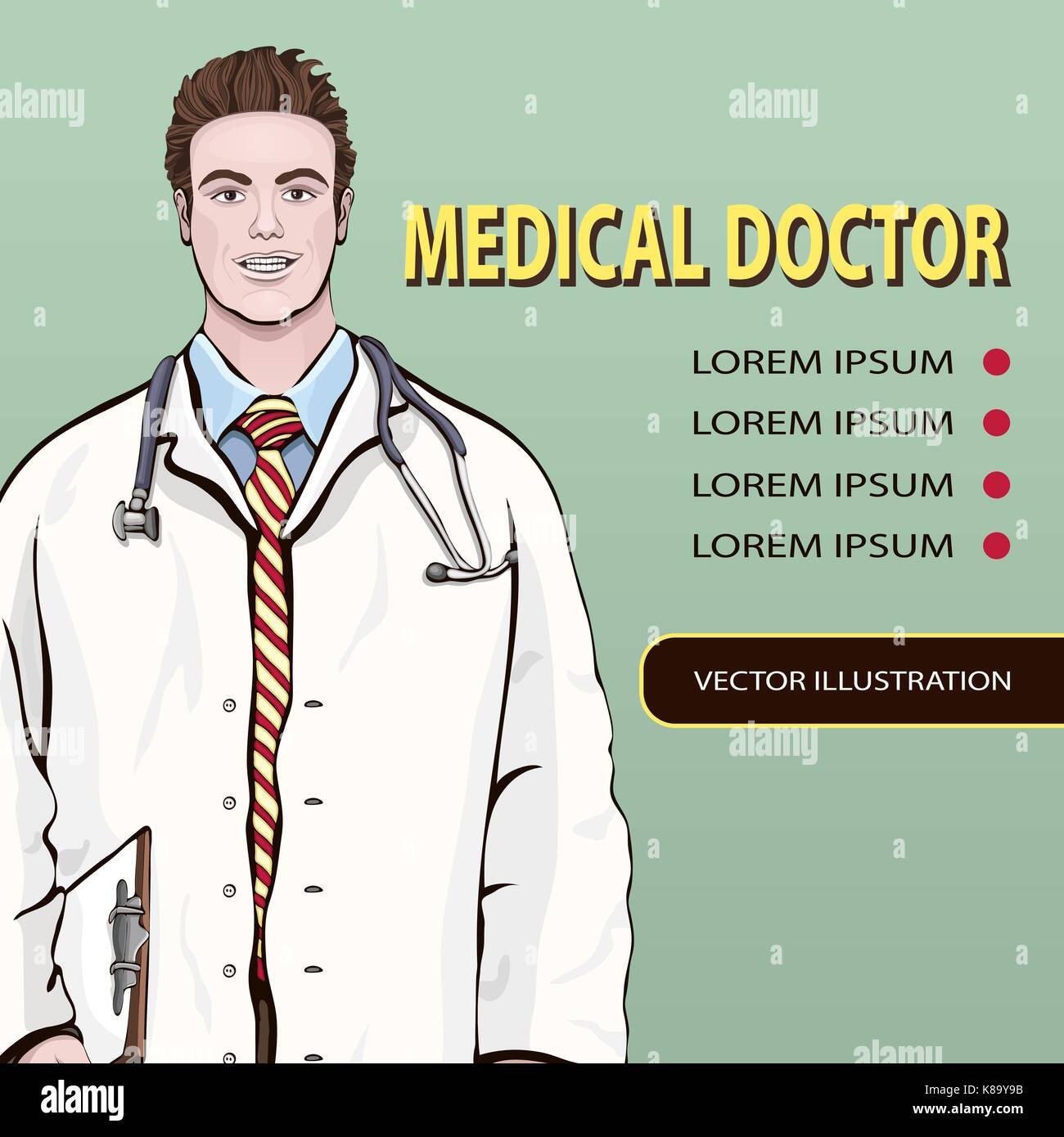 Bannière médical, vecteur de fond avec médecin homme debout avant, portrait caricature les trois quarts des médecins hommes, peint dans un état médical Illustration de Vecteur
