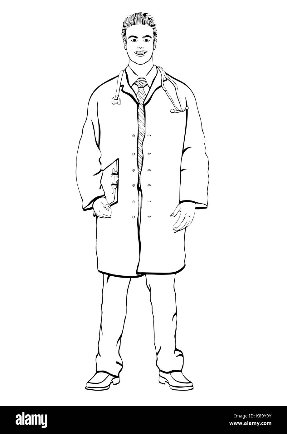 Médecin homme debout avant, coloration, portrait contour vectoriel médecin hommes pleine longueur, peint en noir et blanc dans l'une robe de chambre médicale Illustration de Vecteur