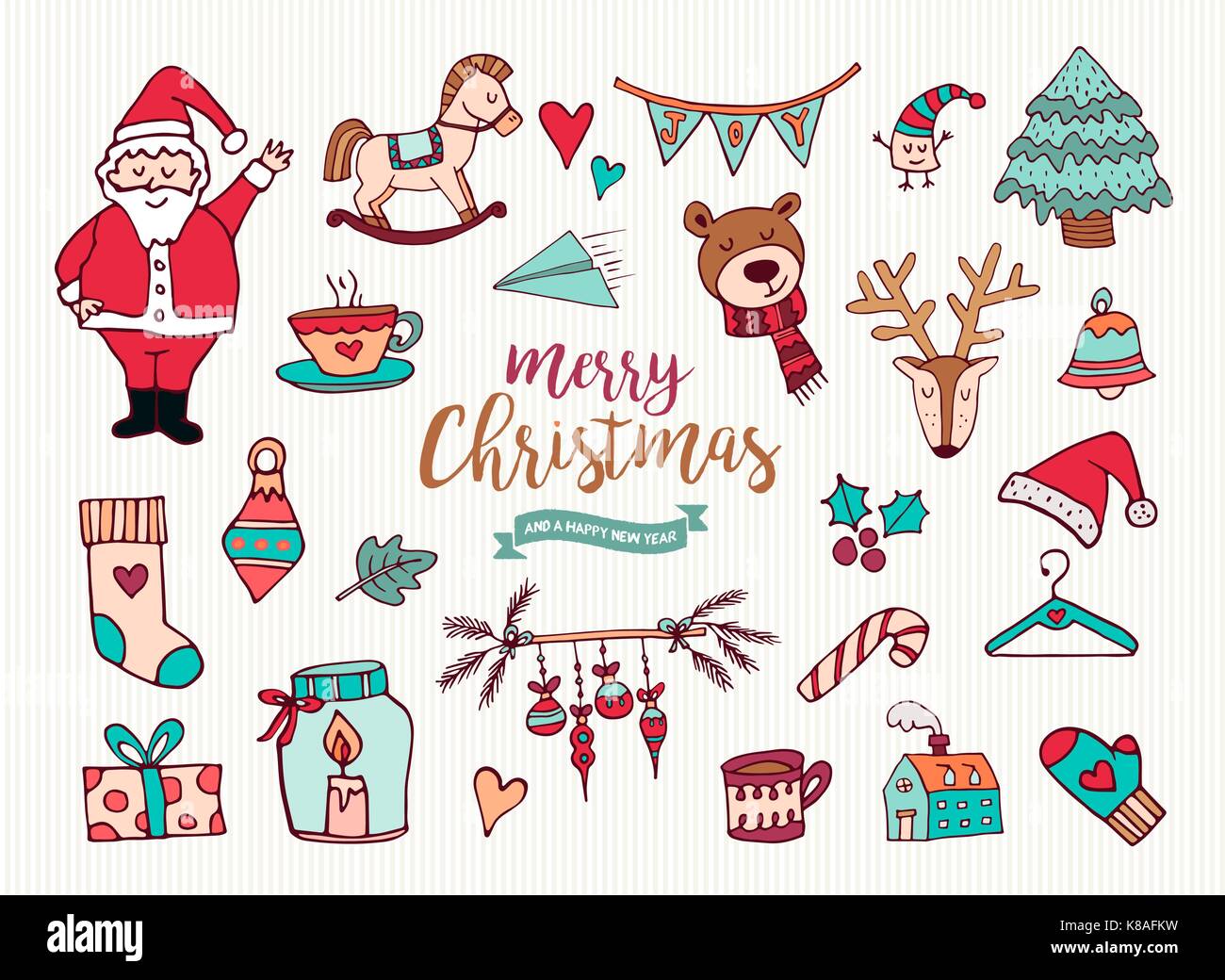 Joyeux noël bonne année festive cute cartoon collection element. ensemble de décoration de vacances dessiné à la main, comprend le père Noël, cadeau de Noël et le cerf Illustration de Vecteur