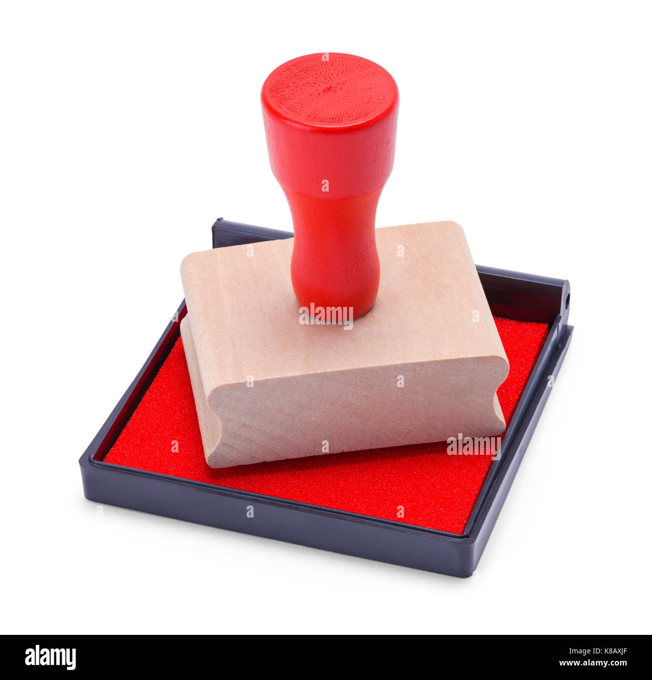 Bois rubber stamper et tampon encreur isolé sur fond blanc. Banque D'Images