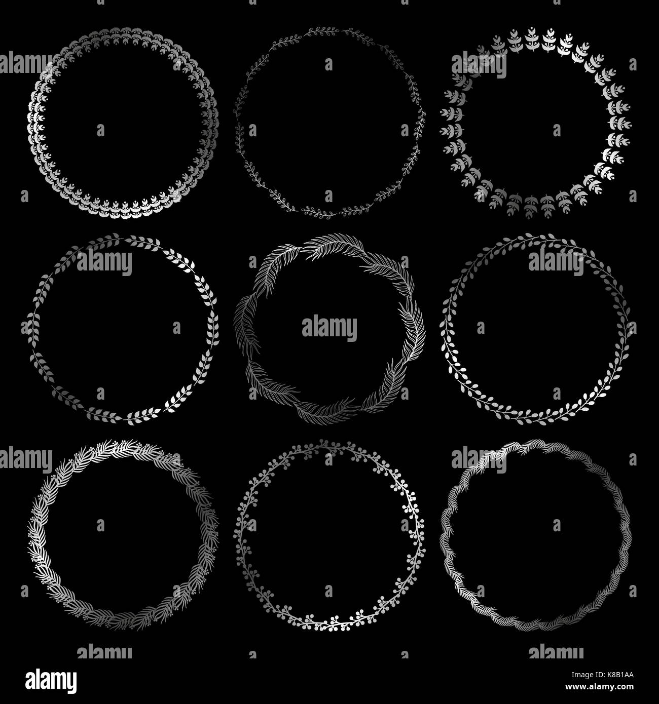 Cute frame ronde argent. vecteur couronne, avec les herbes et les feuilles. Illustration de Vecteur