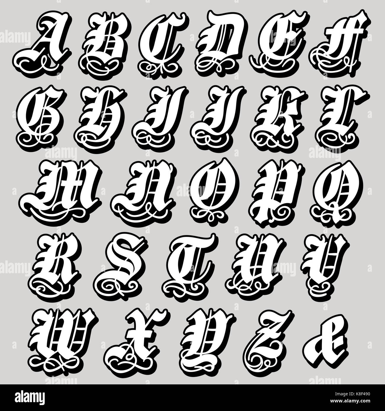 Majuscule complète dans un alphabet gothique noire doodle avec tourbillons et ornementales s'épanouit, vector illustration isolé sur fond blanc Illustration de Vecteur