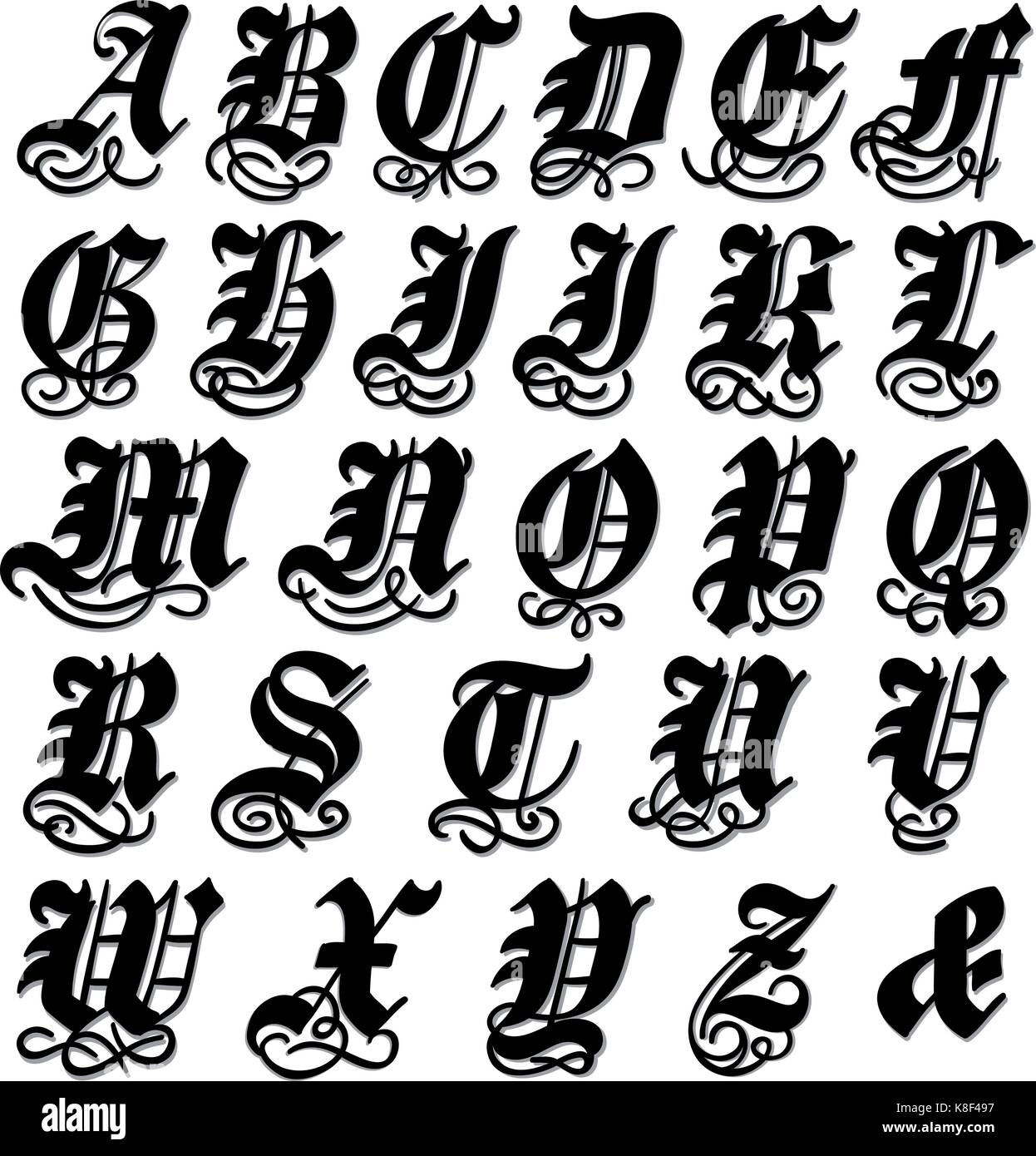 Majuscule complète dans un alphabet gothique noire doodle avec tourbillons et ornementales s'épanouit, vector illustration isolé sur fond blanc Illustration de Vecteur