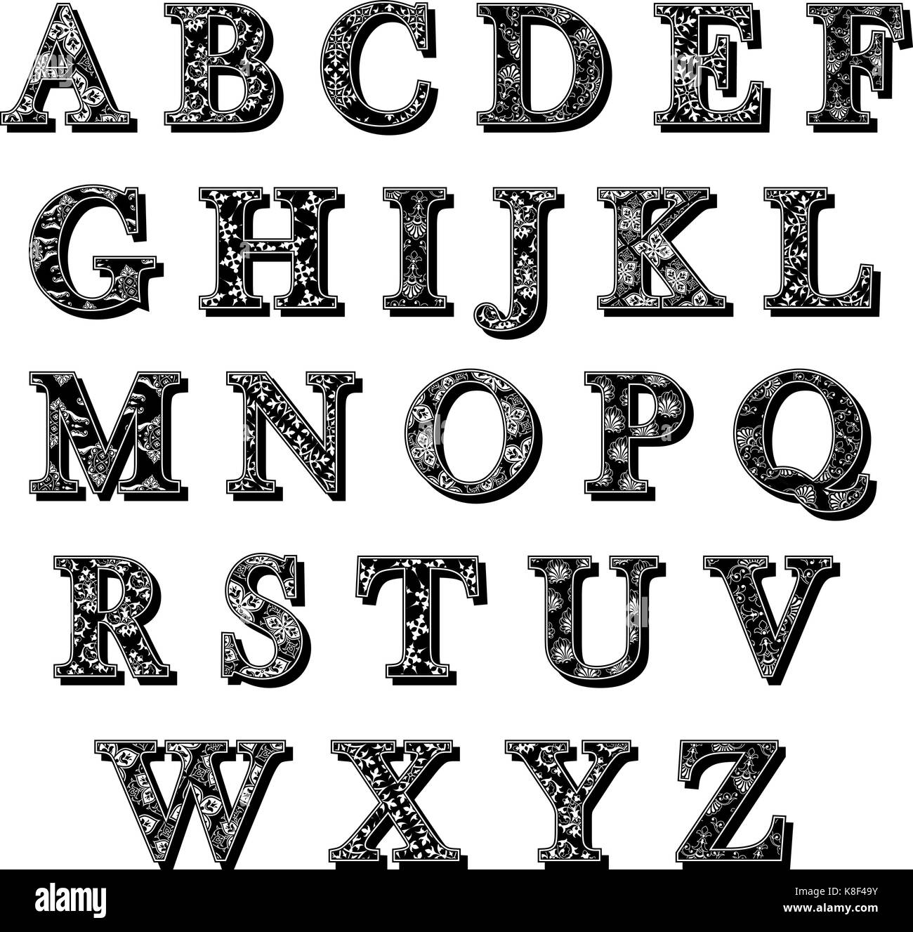 Ensemble complet de abc majuscules antiqua lettres alphabet avec un élégant  motif folié vintage et d'ombre en noir et blanc, l'élément de conception  vectorielle Image Vectorielle Stock - Alamy