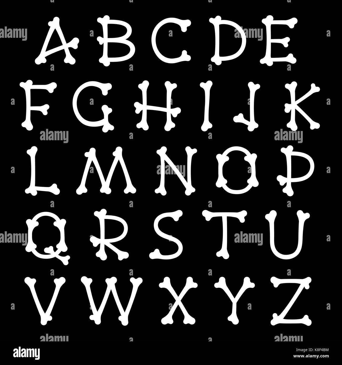 Vector set complet d'os blancs silhouettes majuscules lettres alphabet isolated on black pour l'halloween, pirates, de médecine et d'horreur, concepts desig Illustration de Vecteur