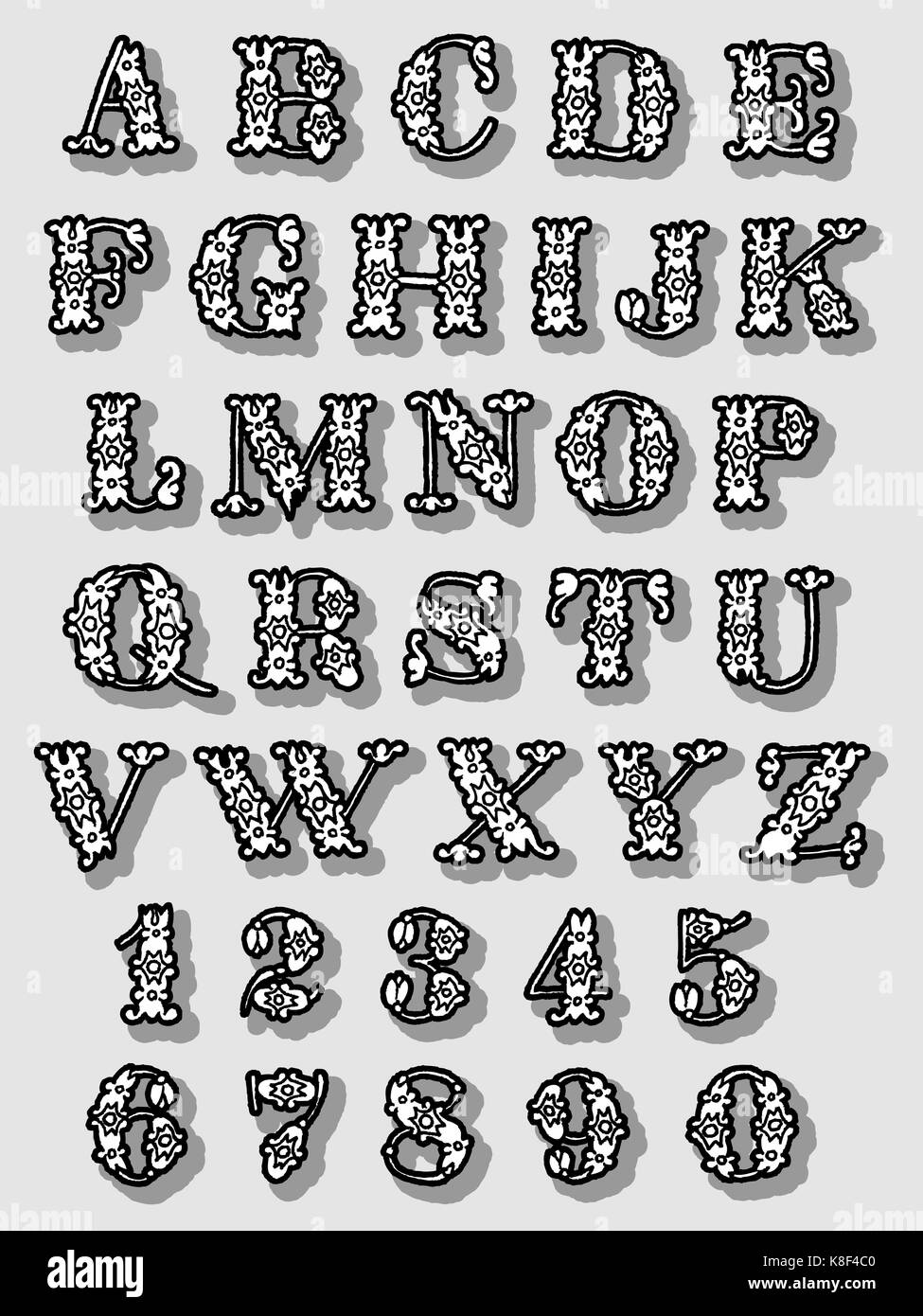 Ensemble complet d'alphabet vectoriel composé de chiffres de gribouille dessinés à la main et de lettres majuscules dans des silhouettes noires pour le texte décoratif et la police, les éléments de conception Illustration de Vecteur