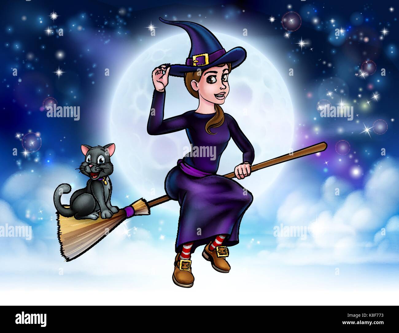 Halloween sorcière et chat sur un balai Illustration de Vecteur